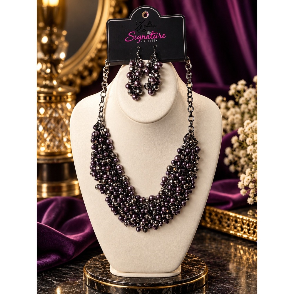 Paparazzi Zi Collection Signature Series Purple Gunmetal Bead Necklace Earrings
